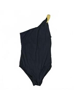 Carmen Marc Valvo One-Shoulder Black Swimsuit with Gold Strap Sz 12